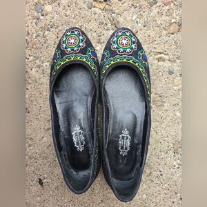 Lulu Guinness Womens Black Suede Embroidered Ballet Flats Size 37, 37.5 *read*